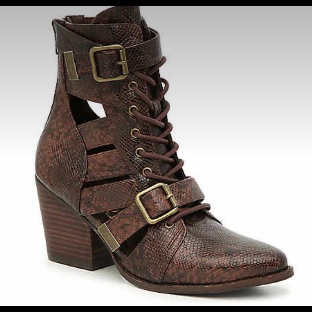 Lace Up Cutouts Brown Snake Booties
